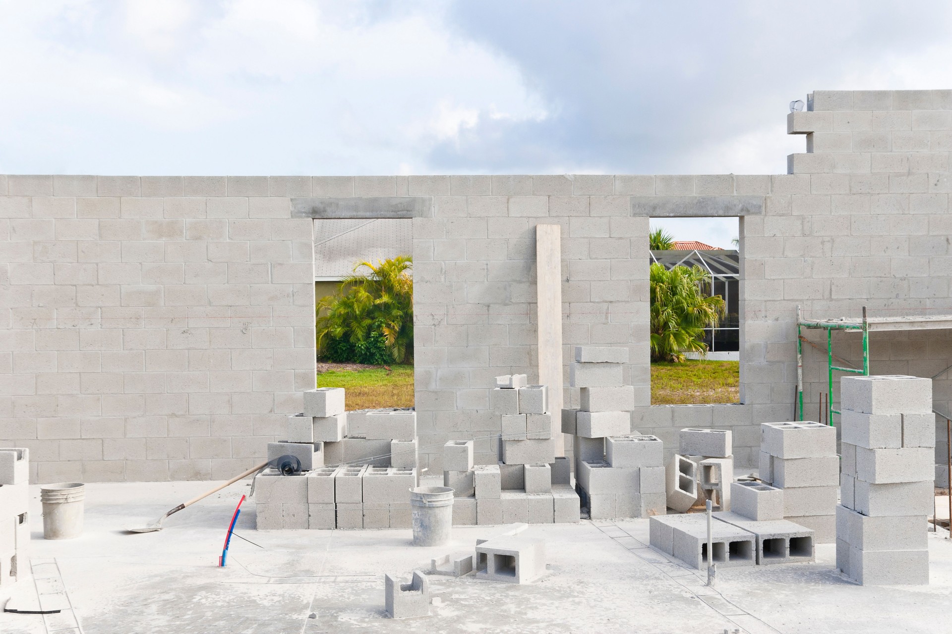 Foundation and brick wall at a construction site